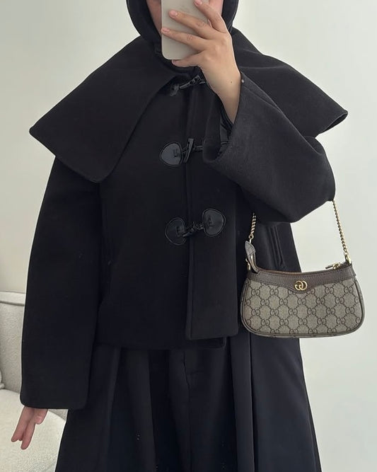 Black Jacket with Oversized Collar and Toggle Buttons | جاكيت أسود بياقة كبيرة وأزرار توغل