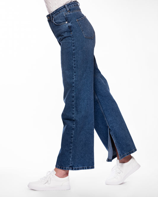 Wide Leg Denim Jeans With A Slit