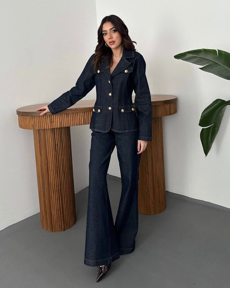 Premium Dark Denim Two-Piece Set | طقم جينز فخم بأزرار ذهبية