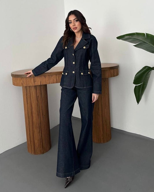Premium Dark Denim Two-Piece Set | طقم جينز فخم بأزرار ذهبية