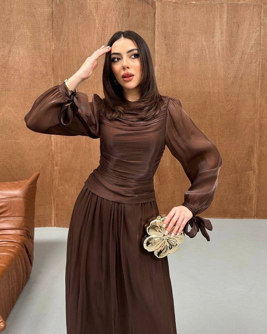 Elegant Chocolate Brown Ruched Chiffon Maxi Dress with Sheer Sleeves | فستان بني أنيق بكسرات على الخصر