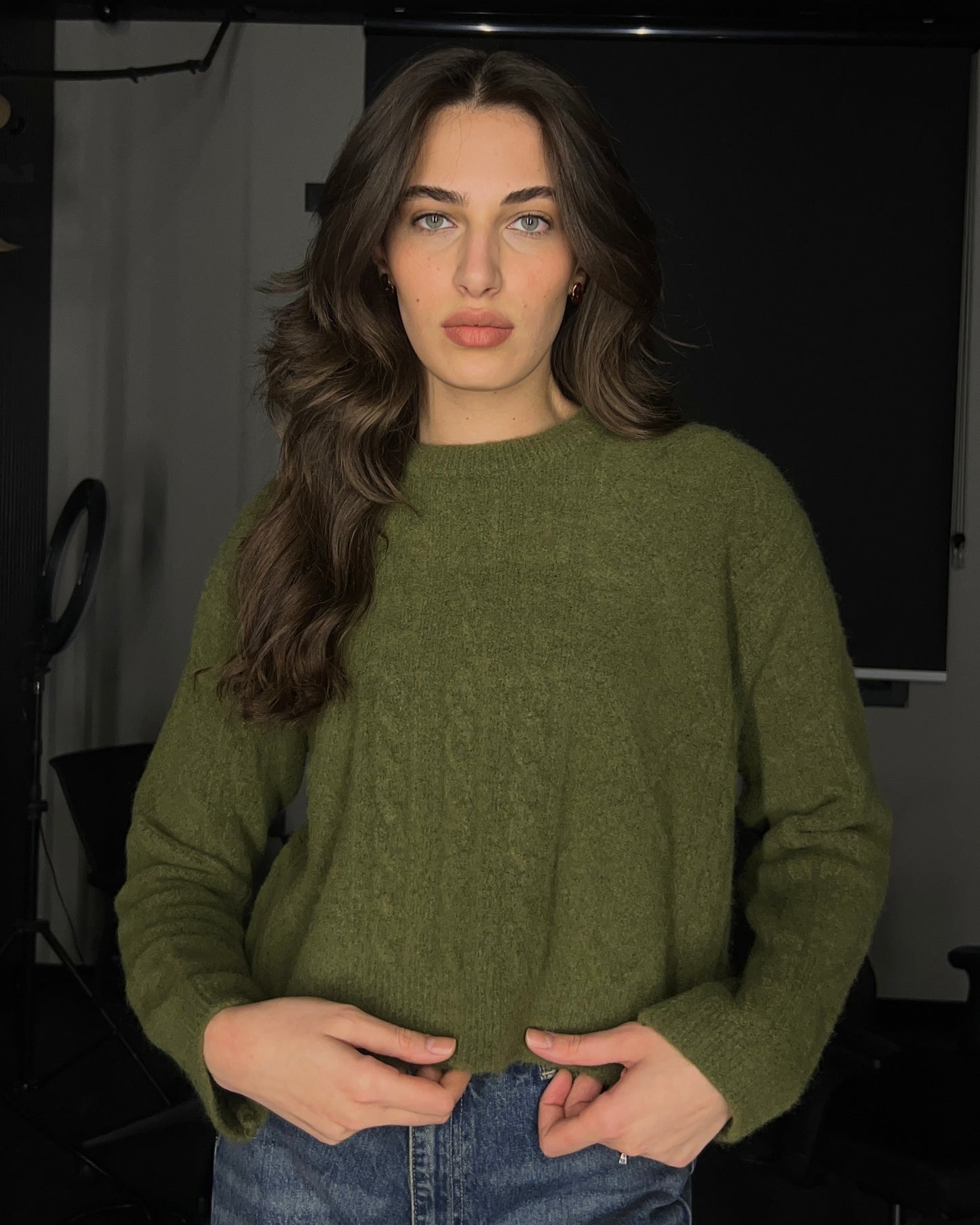 Olive Green Knit Braided Sweater | سويتر محاك مضفر باللون الزيتوني