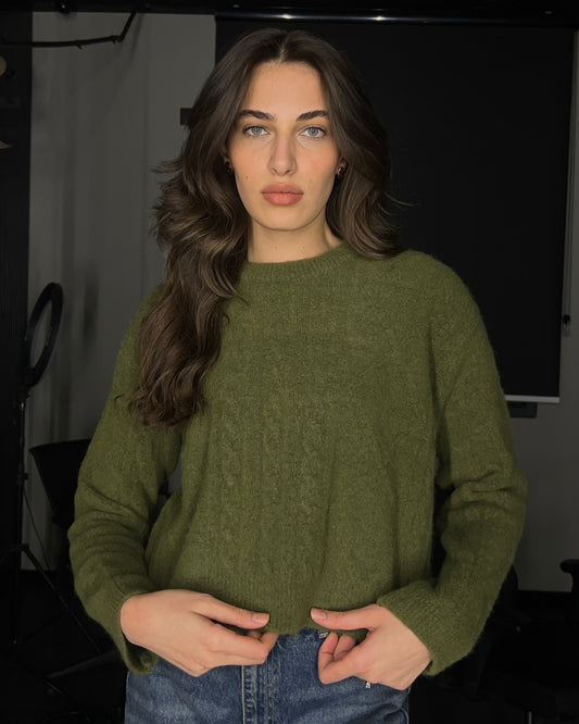 Olive Green Knit Braided Sweater | سويتر محاك مضفر باللون الزيتوني