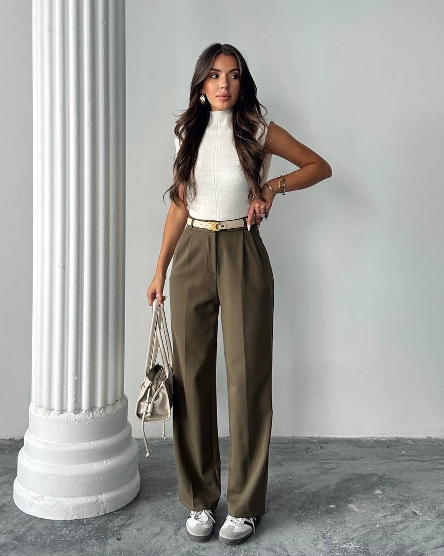 ‏Olive Green Wide-Leg High-Waist Trousers | بنطلون بخصر عالٍ باللون الزيتوني