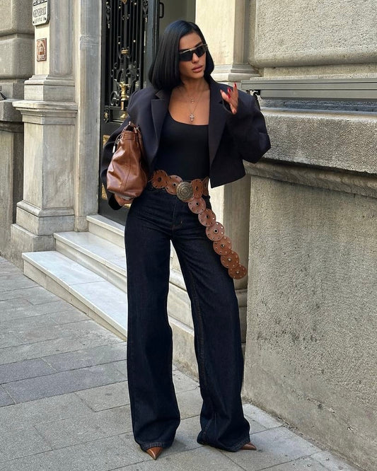 Indigo High Rise Wide Leg Jeans | بنطلون جينز واسع بلون دينم غامق