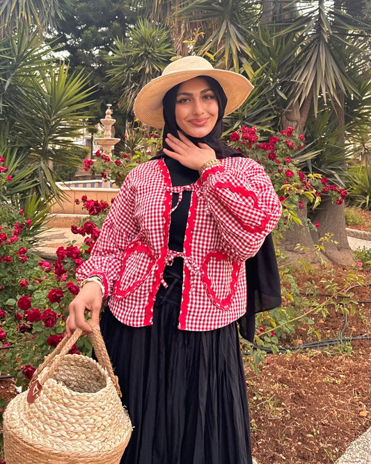 Blouse With a Red Gingham Pattern & Heart Details | بلوزة بنقشة مربعات باللون الأحمر وتفاصيل قلب