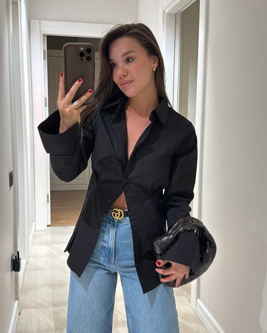 Black Tailored Button-Down Shirt with Sculpted Waist & Wide Cuffs | بلوزة بأزرار بتصميم منحوت وأكمام واسعة باللون الاسود