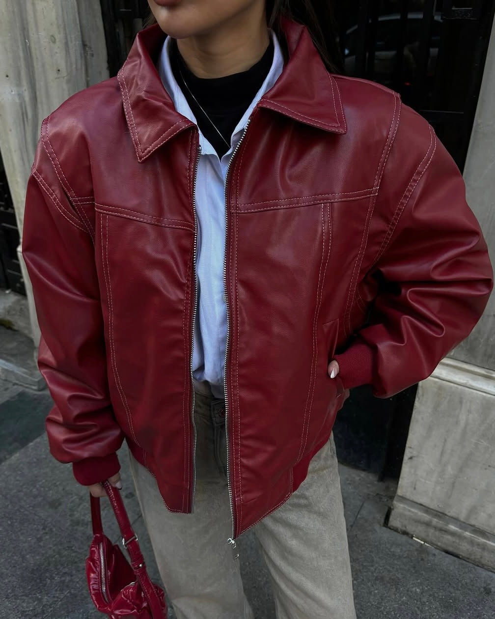 ‏Timeless Red Leather Bomber Jacket