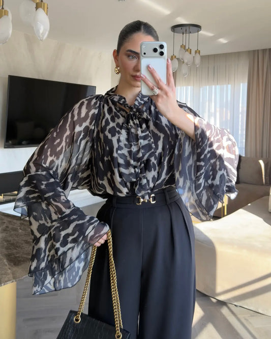 Flowy Sheer Tie-Neck Abstract Print Chiffon Blouse | بلوزة شيفون بنقشة فخمة