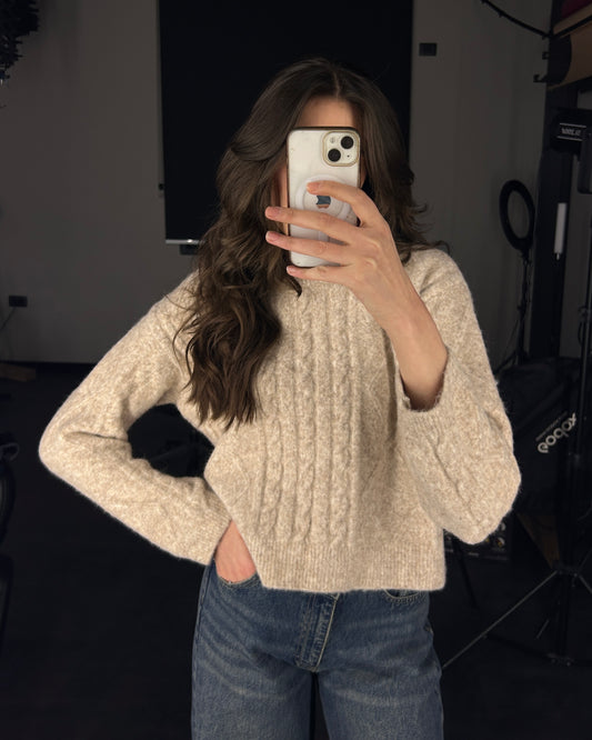 Soft Beige Knit Braided Sweater | سويتر محاك مضفر باللون البيج الناعم