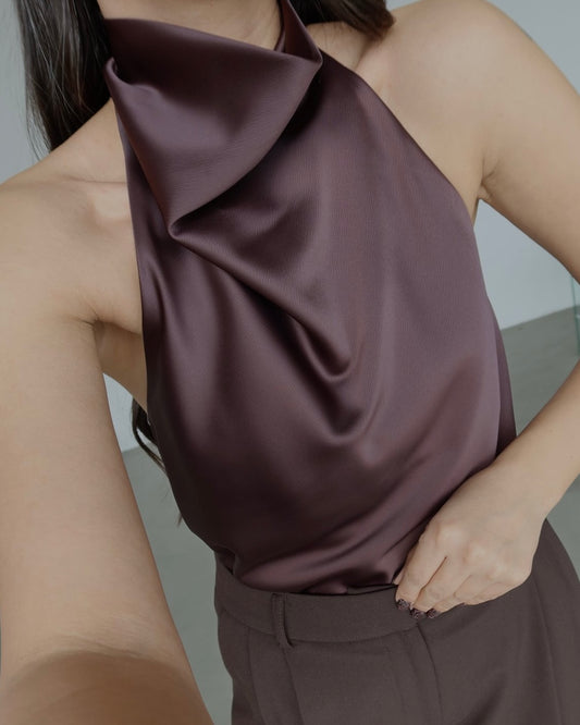 Elegant Brown Satin Halter Neck Top | توب ساتان بني أنيق بياقة هالتر
