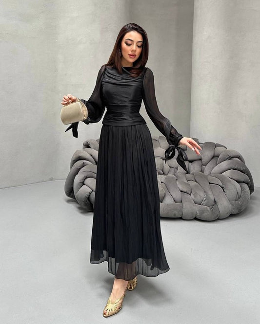 Elegant Black Ruched Chiffon Maxi Dress with Sheer Sleeves | فستان اسود أنيق بكسرات على الخصر