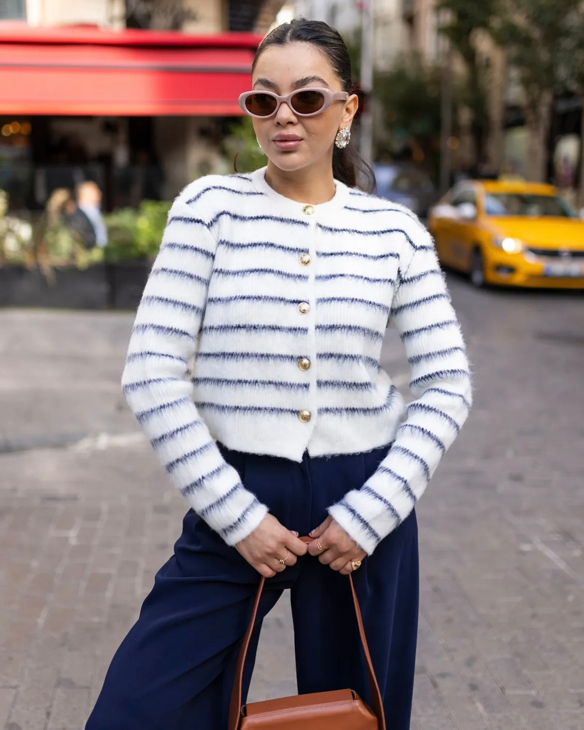 White Gold Buttoned Striped Soft Cardigan