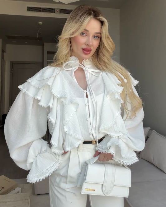 White Romantic Ruffle Blouse | بلوزة ناعمة بستايل بوهيمي باللون الابيض