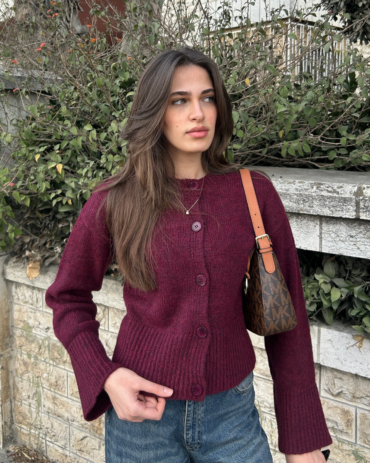 Burgundy Knit Buttoned Cardigan | كارديغان محبوك باللون الخمري