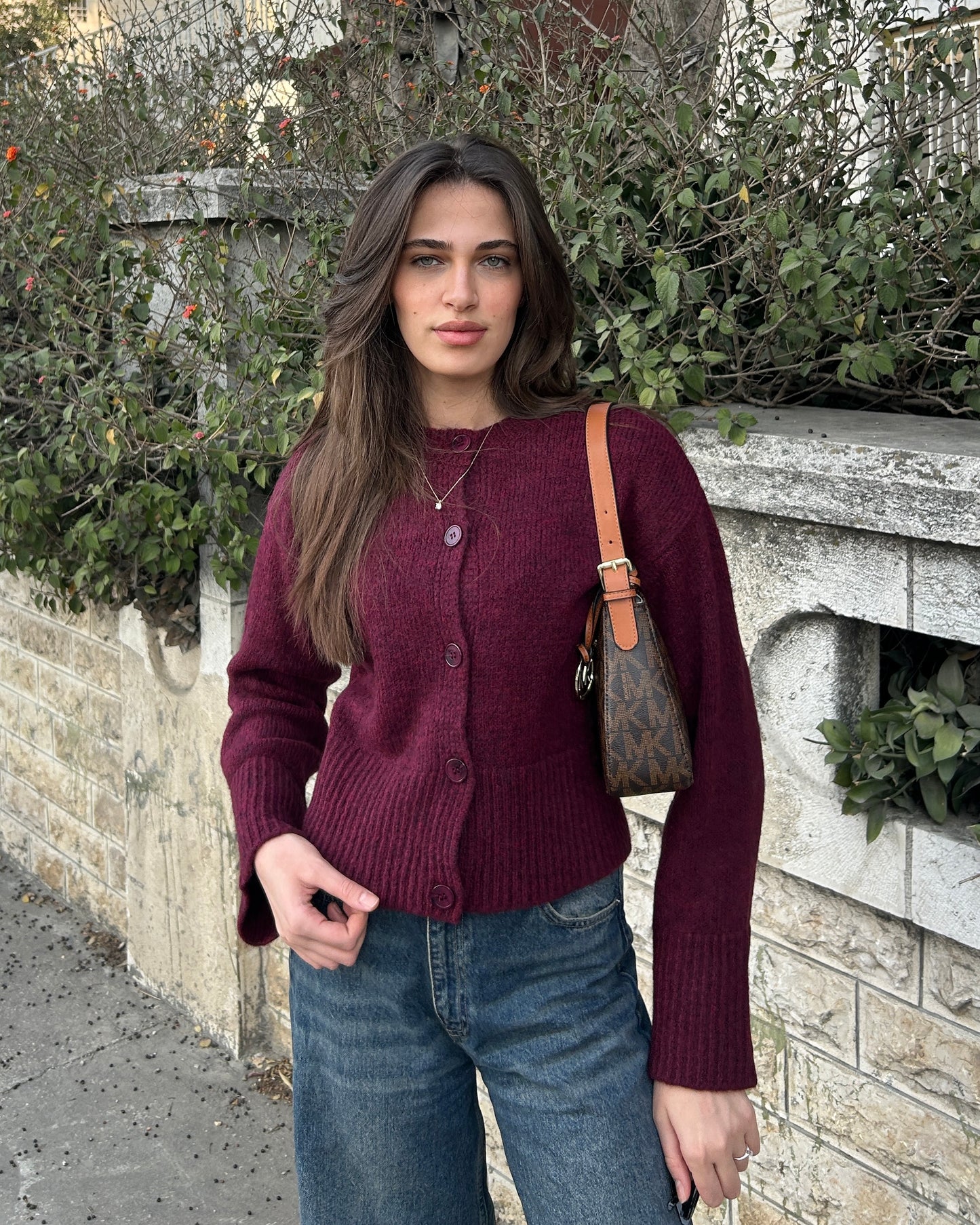 Burgundy Knit Buttoned Cardigan | كارديغان محبوك باللون الخمري