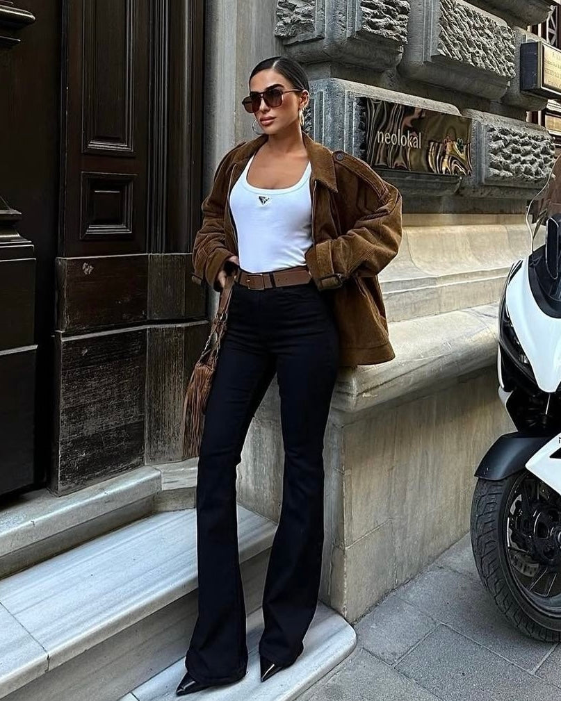 Black High-Waist Flared Denim Jeans | جينز شارلستون اسود بخصر عالٍ