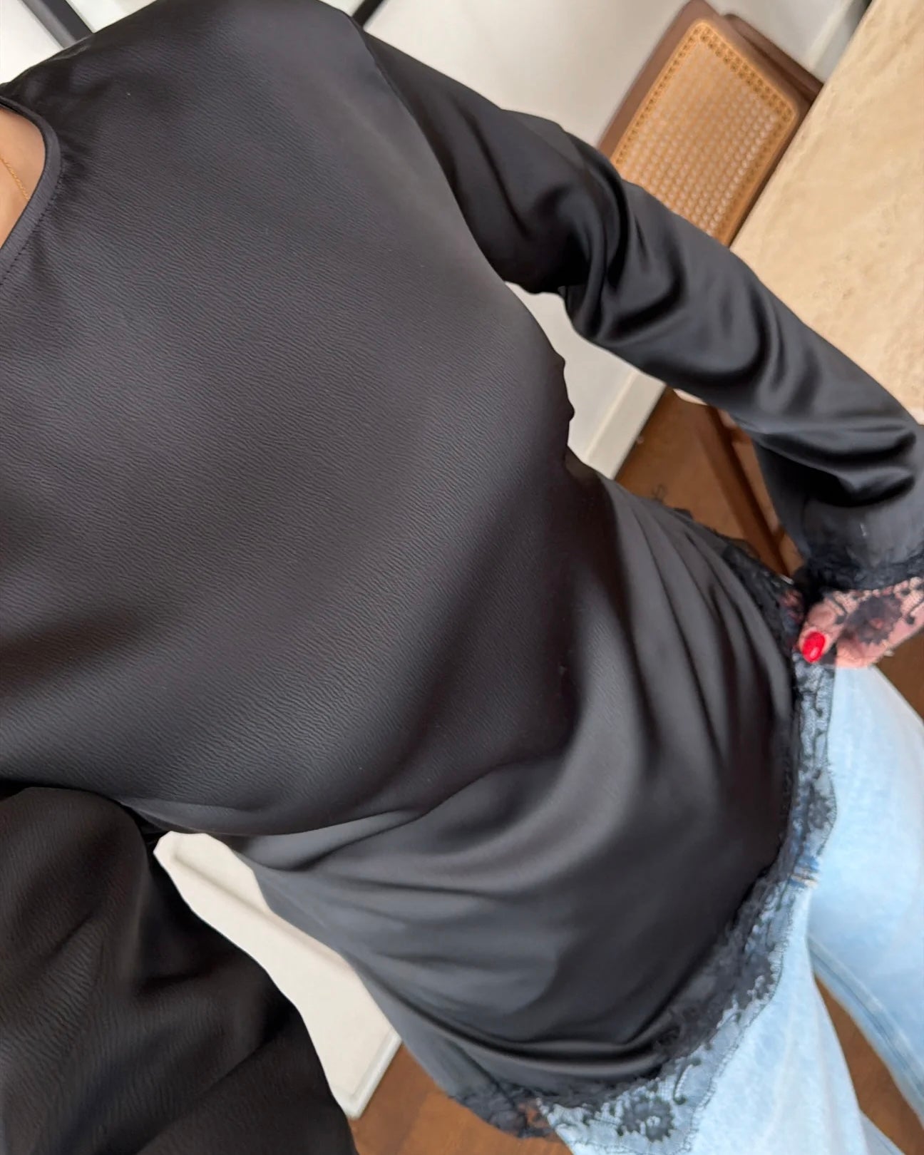 Elegant Black Satin Blouse with Lace Trim | بلوزة ساتان سوداء أنيقة بتفاصيل دانتيل