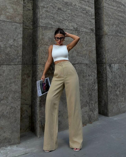 Beige Cotton Wide-Leg Pants