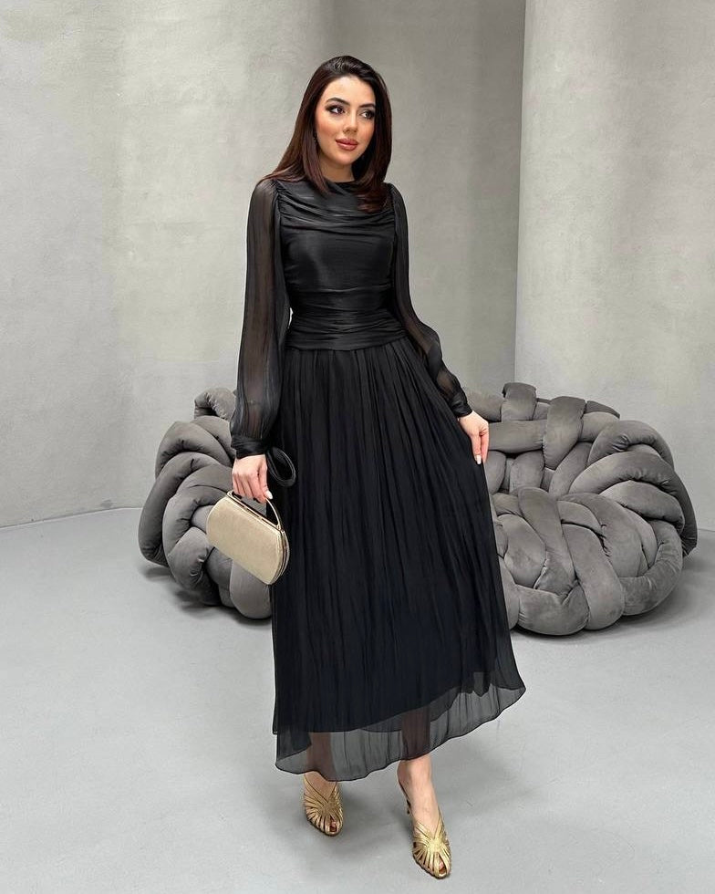 Elegant Black Ruched Chiffon Maxi Dress with Sheer Sleeves | فستان اسود أنيق بكسرات على الخصر