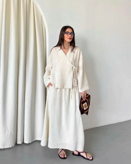 Cream Linen Front-Tie Co-Ord Set | طقم كتان كريمي بربطات أمامية