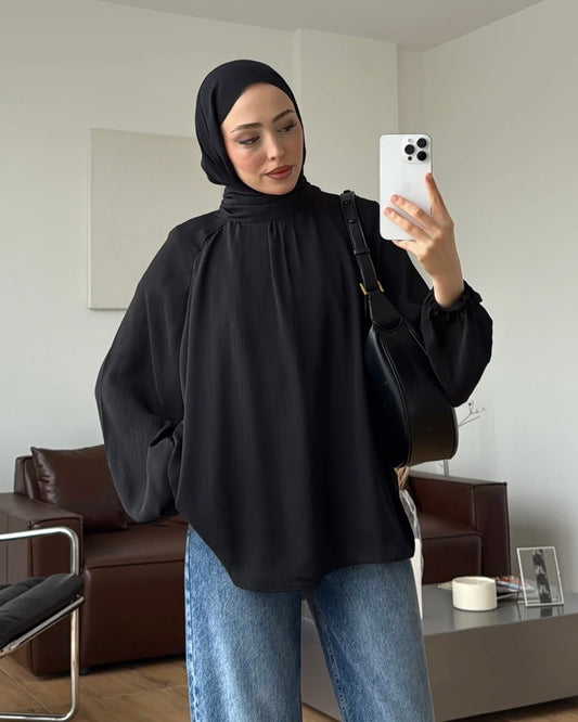 Elegant Black Modest Blouse with High Neck and Balloon Sleeves | بلوزة سوداء محتشمة أنيقة بياقة عالية وأكمام واسعة