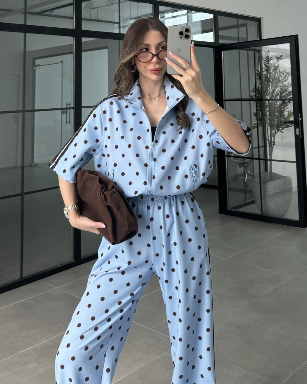 Blue Polka Dot Two-Piece Set with Wide-Leg Pants | طقم بولكا دوت مع بنطلون واسع