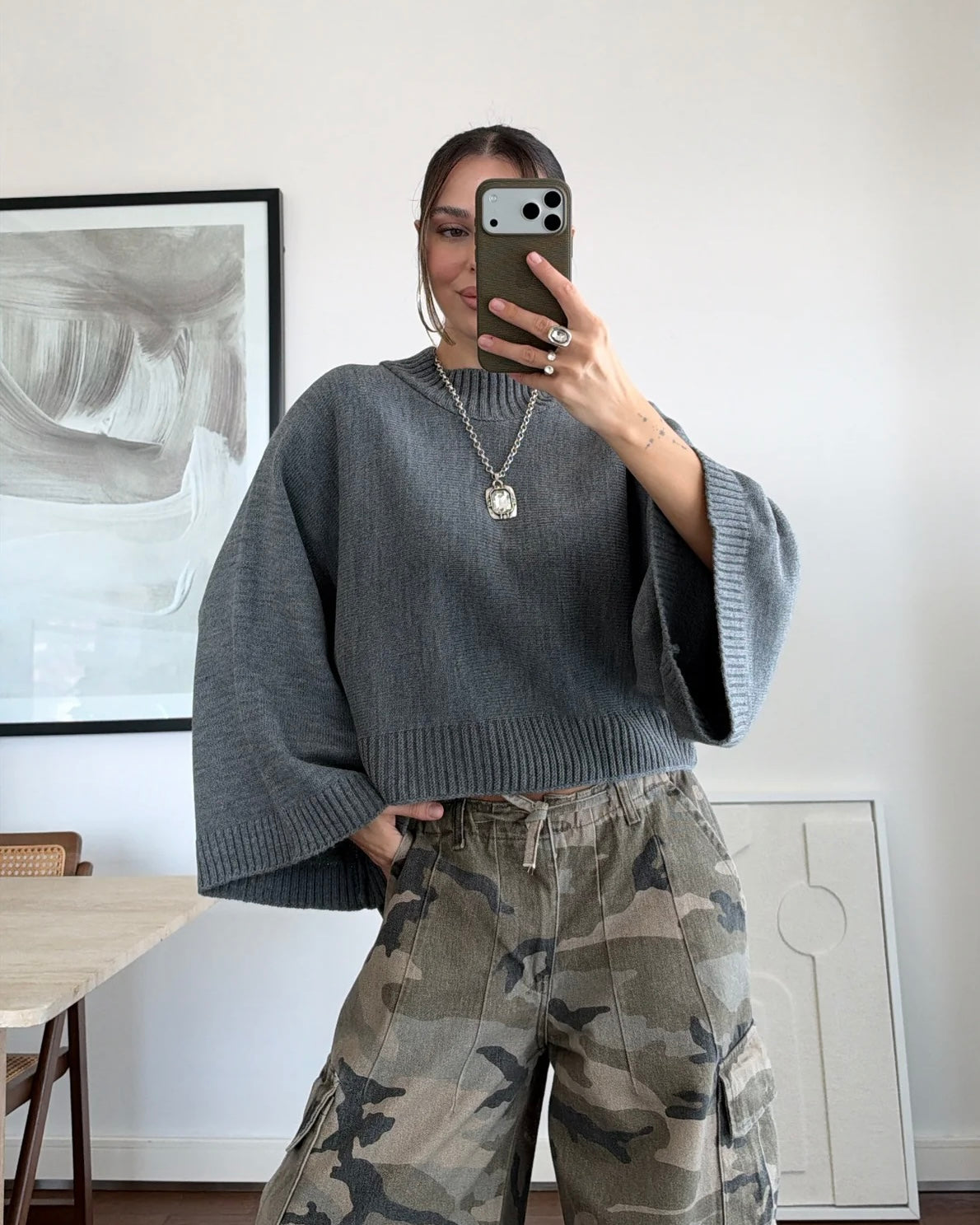 Grey Oversized Knit Mock Neck Sweater with Wide Sleeves | بلوزة رمادية بقصّة أوفرسايز وأكمام واسعة