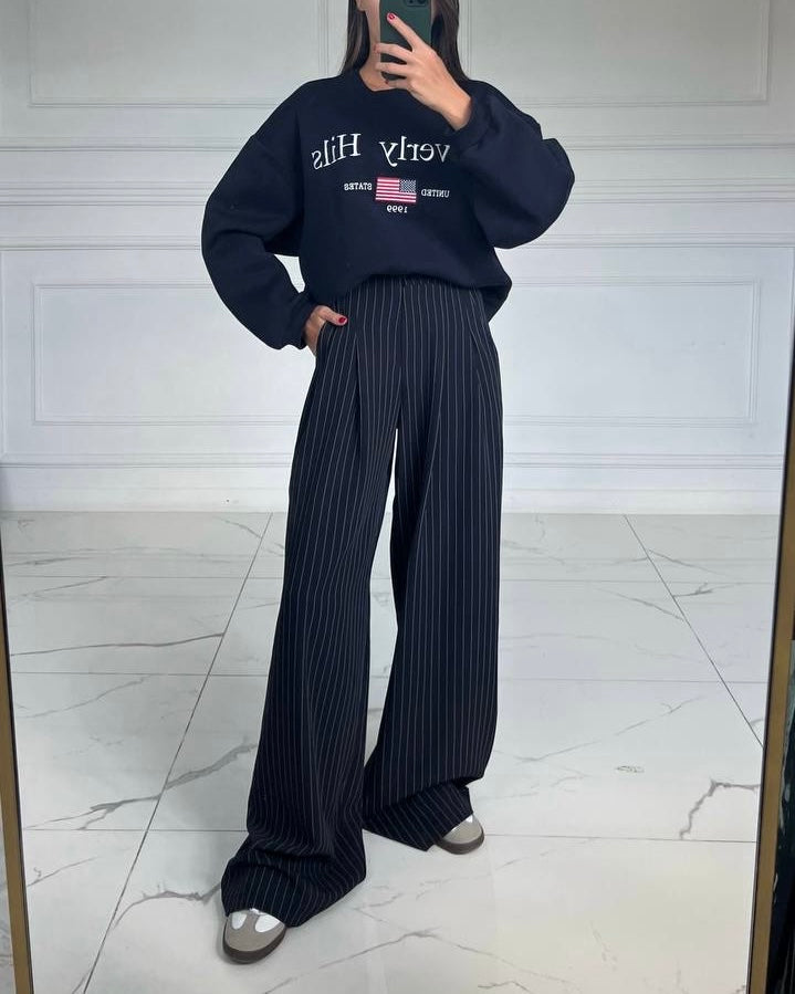 High-Waisted Navy Pinstripe Wide-Leg Pants | بنطلون كحلي مخطط عالي الخصر واسع