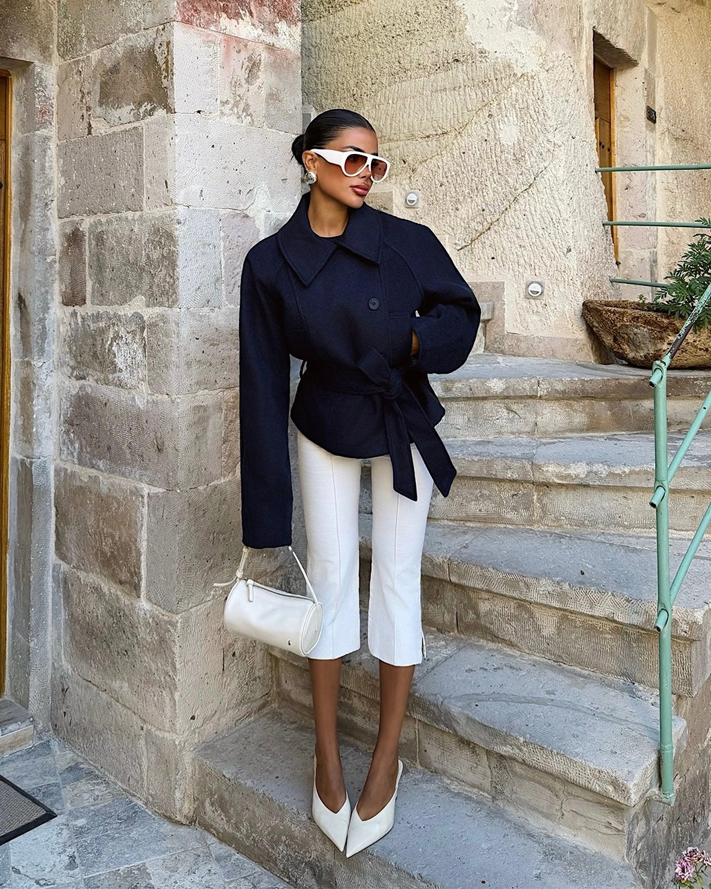 Navy Wool-Blend Wrap Coat with Wide Lapel Collar & Tie Waist | جاكيت جوخ كحلي بياقة عريضة ورباط من الخصر