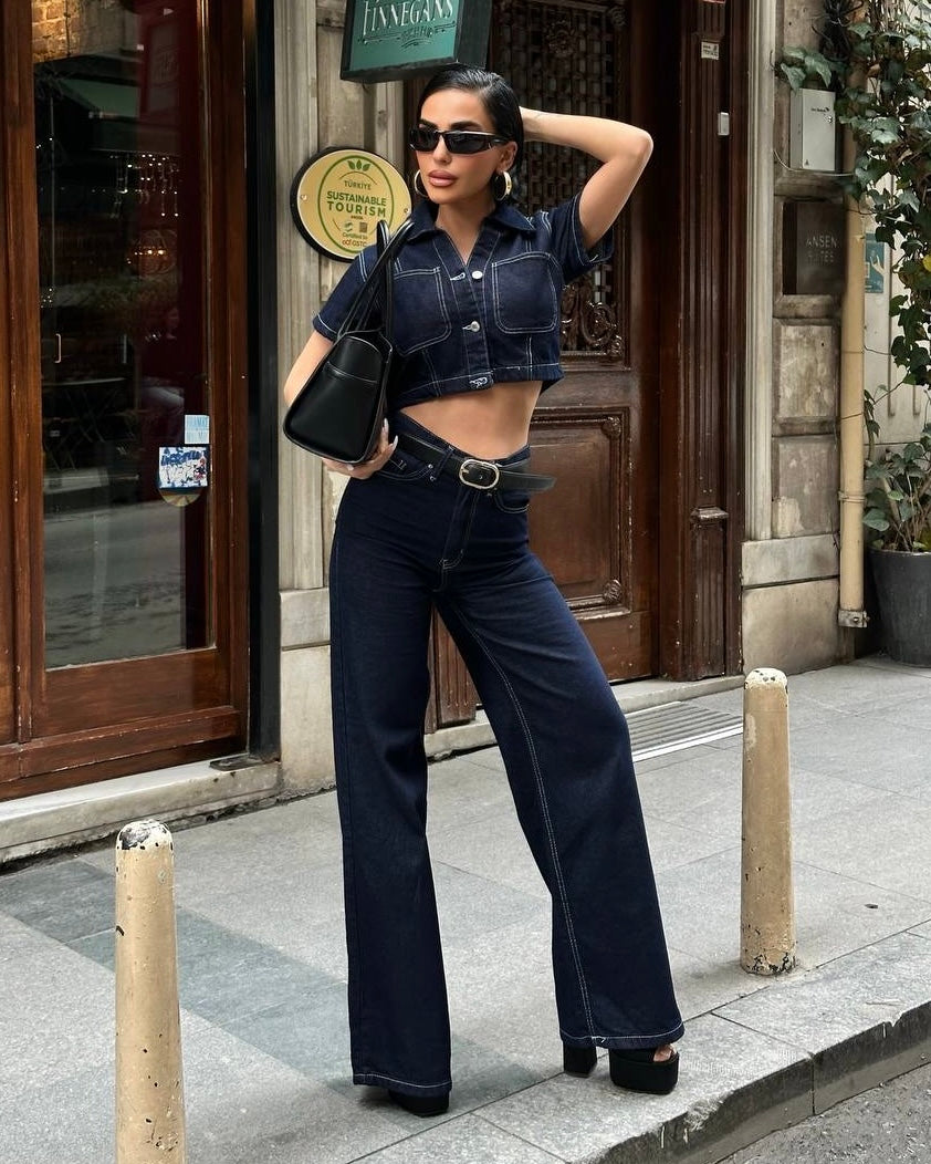 Short Sleeve Denim Set | طقم جينز نص كم