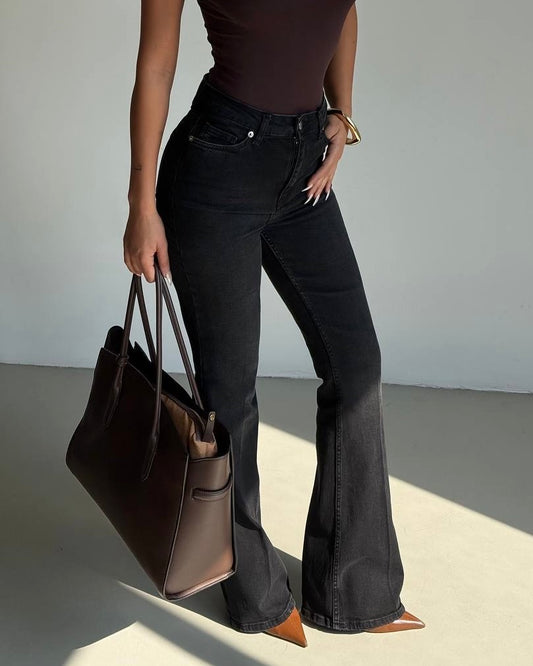 Black High-Waist Flared Denim Jeans | جينز شارلستون اسود بخصر عالٍ