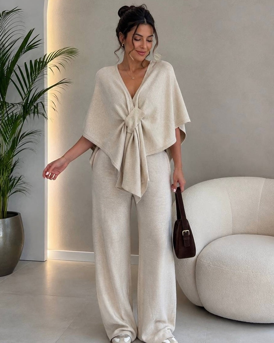 Elegant Beige Knit Two-Piece Set with Tie-Front Cape Top | طقم بيج أنيق ببلوزة واسعة مع ربطة أمامية