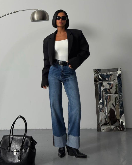 Dark Wash Cuffed Denim Jeans | جينز غامق مطوي من الأسفل