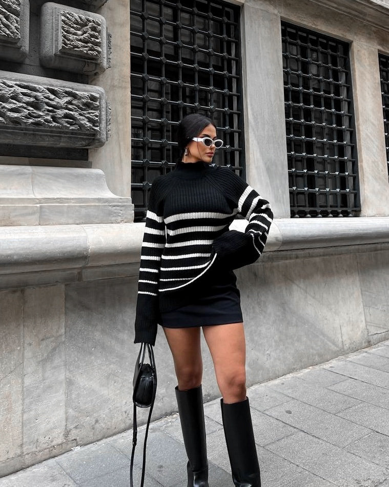 Turtleneck Sweater with Bold Striped Accents in Black