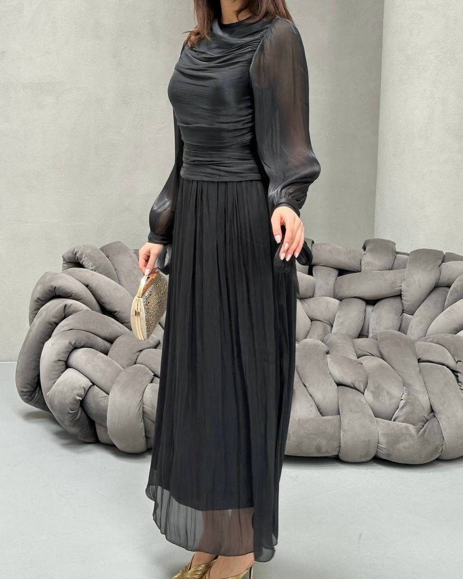Elegant Black Ruched Chiffon Maxi Dress with Sheer Sleeves | فستان اسود أنيق بكسرات على الخصر