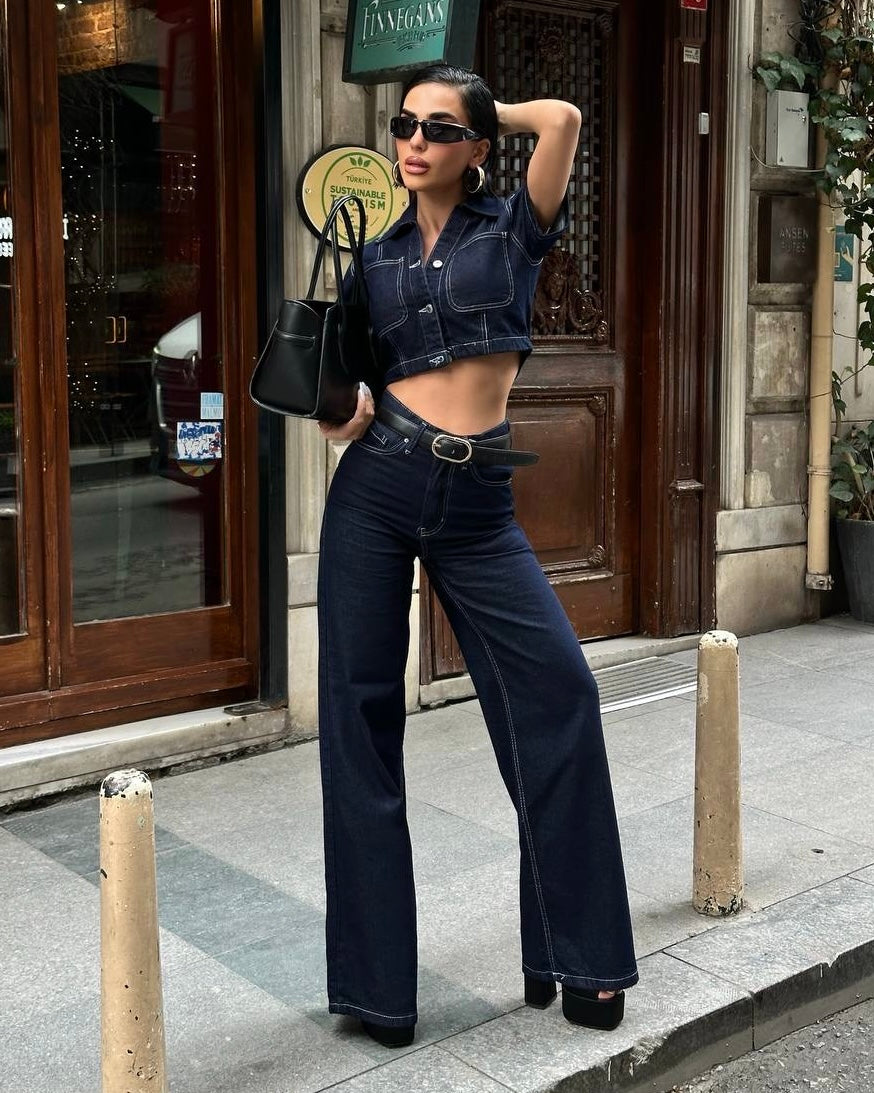 Short Sleeve Denim Set | طقم جينز نص كم