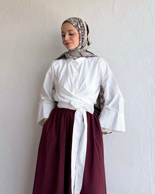 White Side Knot Wrap Top | توب ابيض ناعم بقصة لف وربطة جانبية