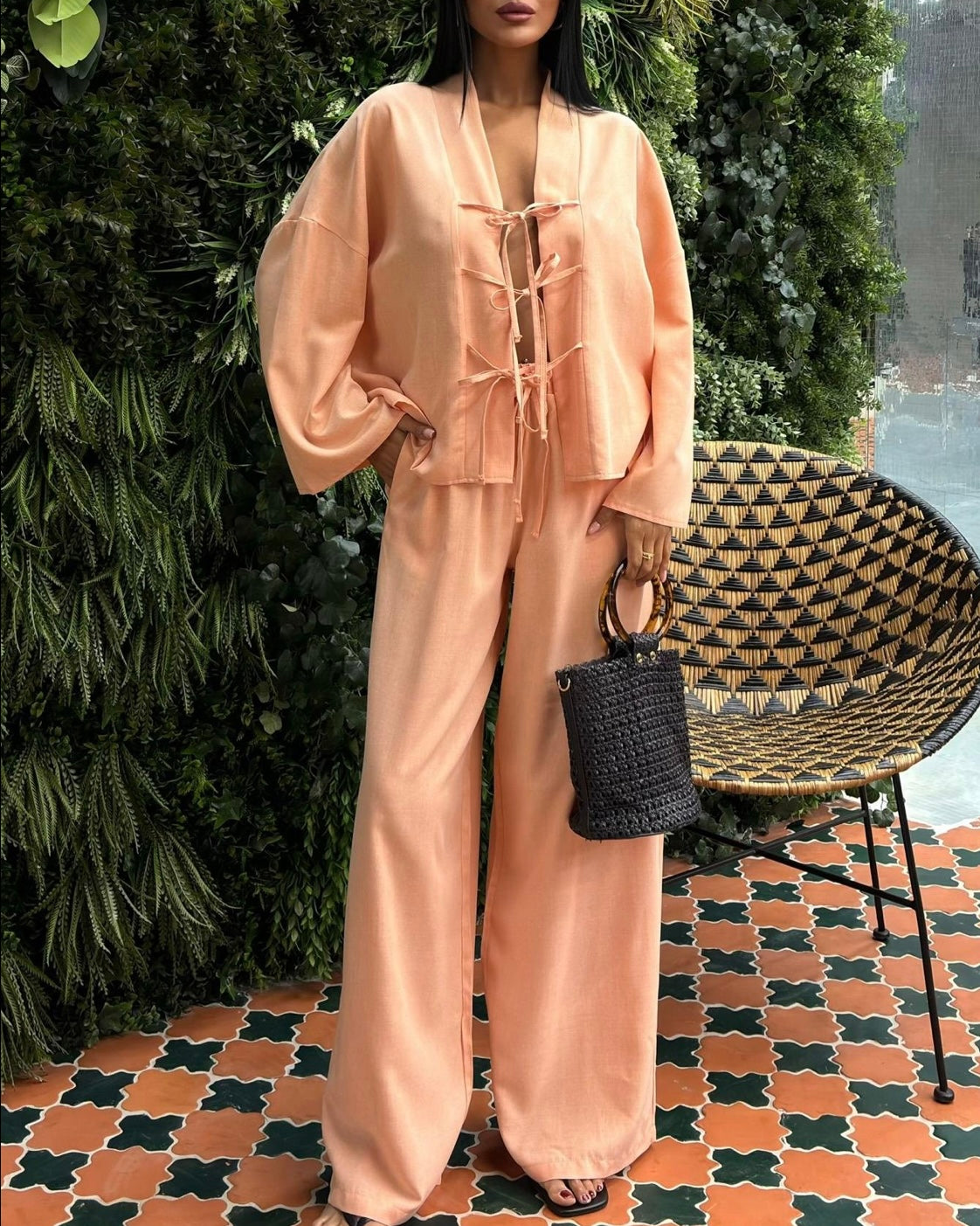 ‏Peach Tie Front Casual Set |  طقم كاجوال مشمشي برباط امامي