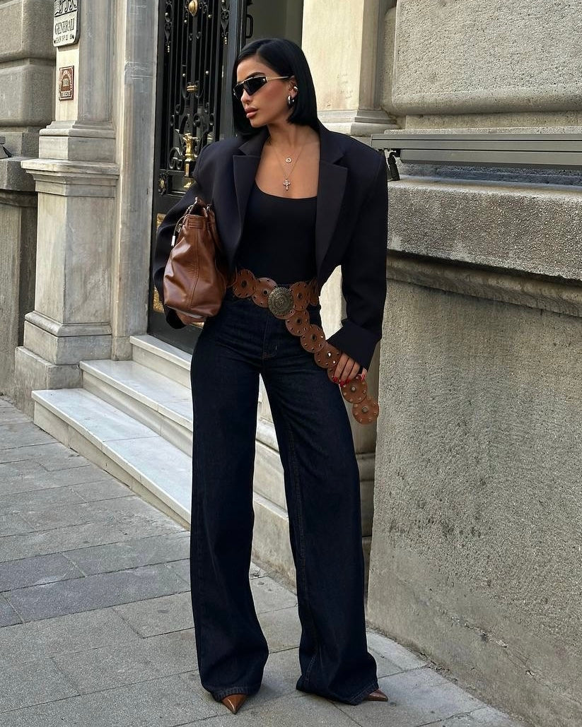 Indigo High Rise Wide Leg Jeans | بنطلون جينز واسع بلون دينم غامق