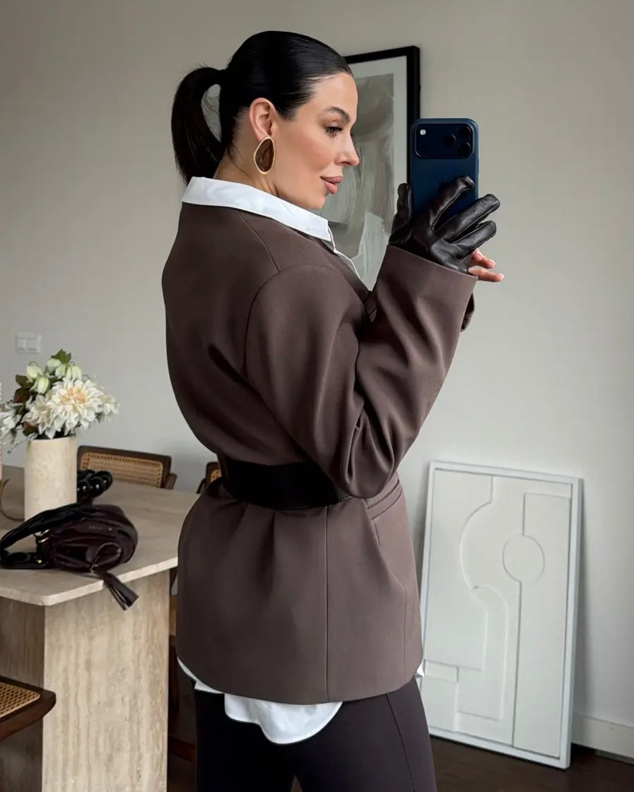 Elegant Mocha Belted Blazer | بليزر موكا أنيق بحزام خصر عريض