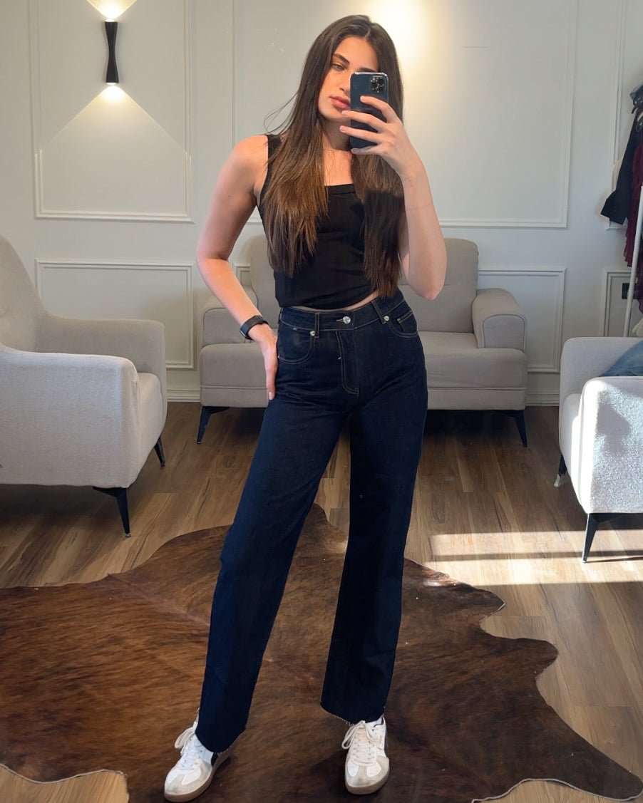 Indigo High Rise Straight Leg Jeans | بنطلون جينز بلون دينم غامق