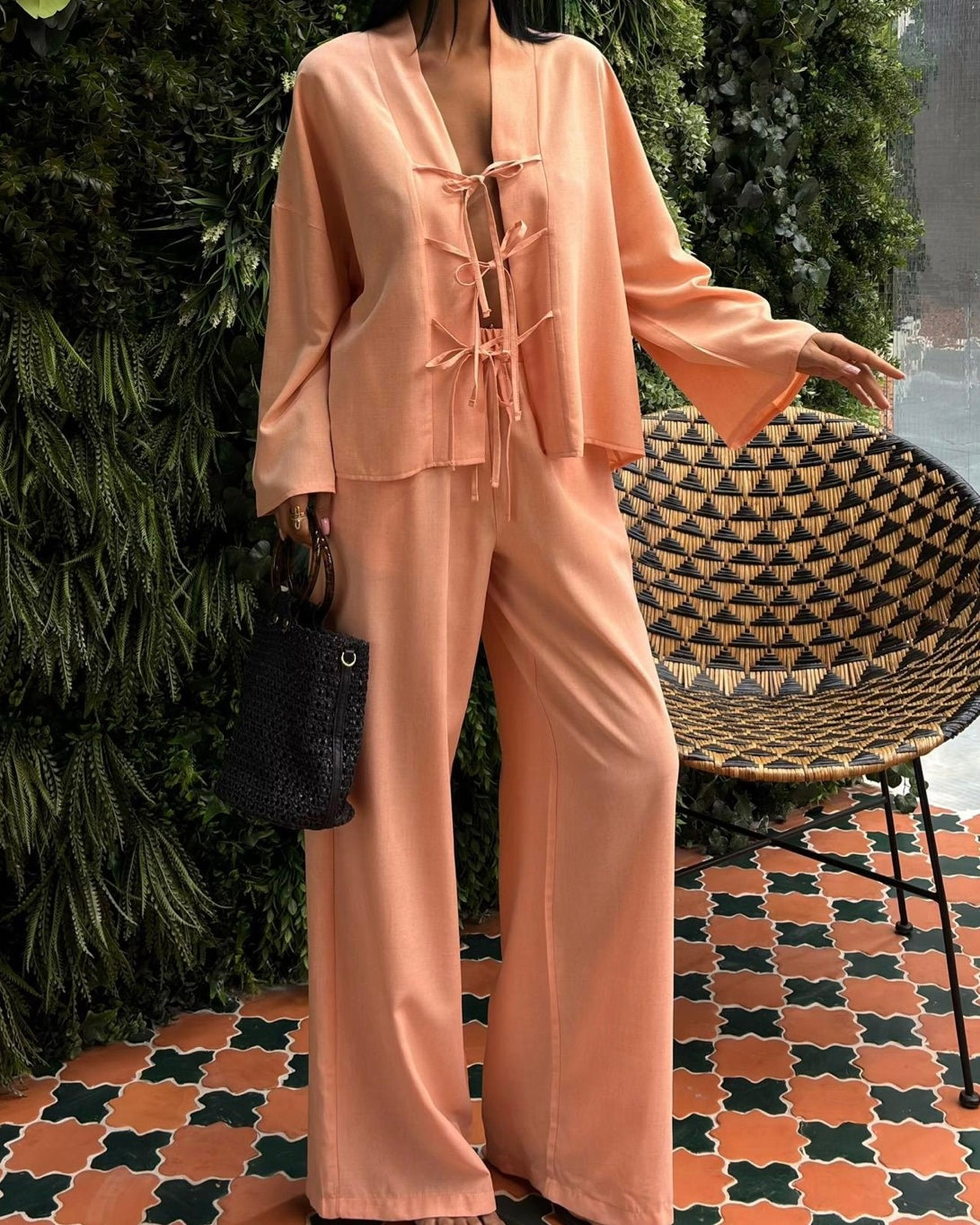 ‏Peach Tie Front Casual Set |  طقم كاجوال مشمشي برباط امامي