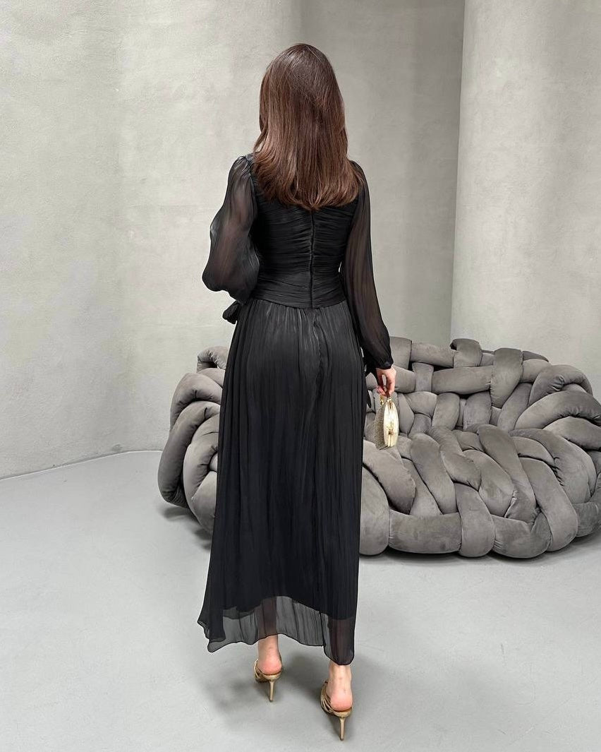 Elegant Black Ruched Chiffon Maxi Dress with Sheer Sleeves | فستان اسود أنيق بكسرات على الخصر