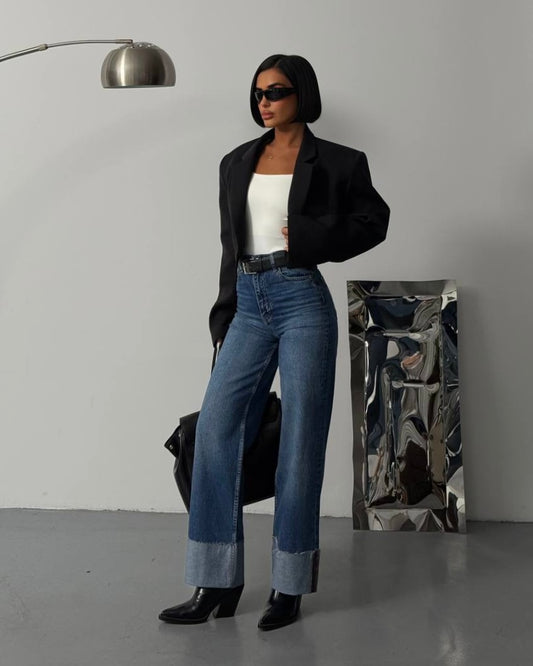 Dark Wash Cuffed Denim Jeans | جينز غامق مطوي من الأسفل