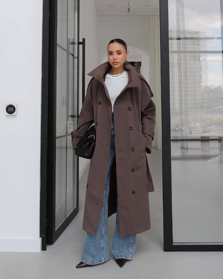 Brown Long Double-Breasted Trench Coat | ترانش كوت بني طويل وأنيق بأزرار مزدوجة