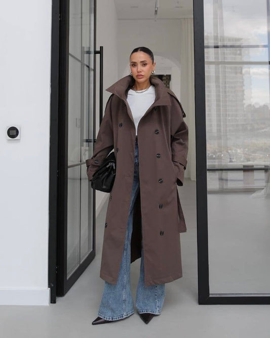 Brown Long Double-Breasted Trench Coat | ترانش كوت بني طويل وأنيق بأزرار مزدوجة