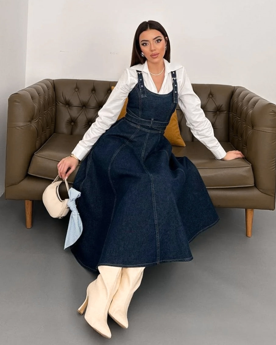 Dark Denim Midi Dress with Adjustable Straps and Tie Waist | فستان جينز غامق ميدي بربطة خصر وحمالات قابلة للتعديل
