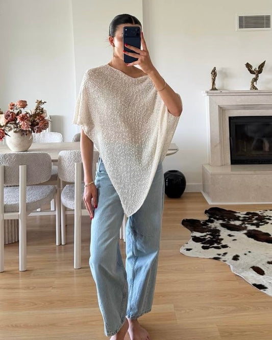 Cream Knit Shawl Top with Asymmetric Hem | بلوزة كريمية بأطراف غير متساوية