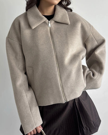 Sand Brown Wool Jacket ‏with Zipper and Side Pockets